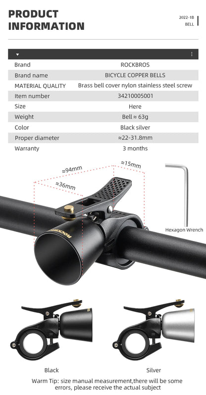 ROCKBROS Rétro Laiton Vélo Bell – Loud, Compact & Waterproof