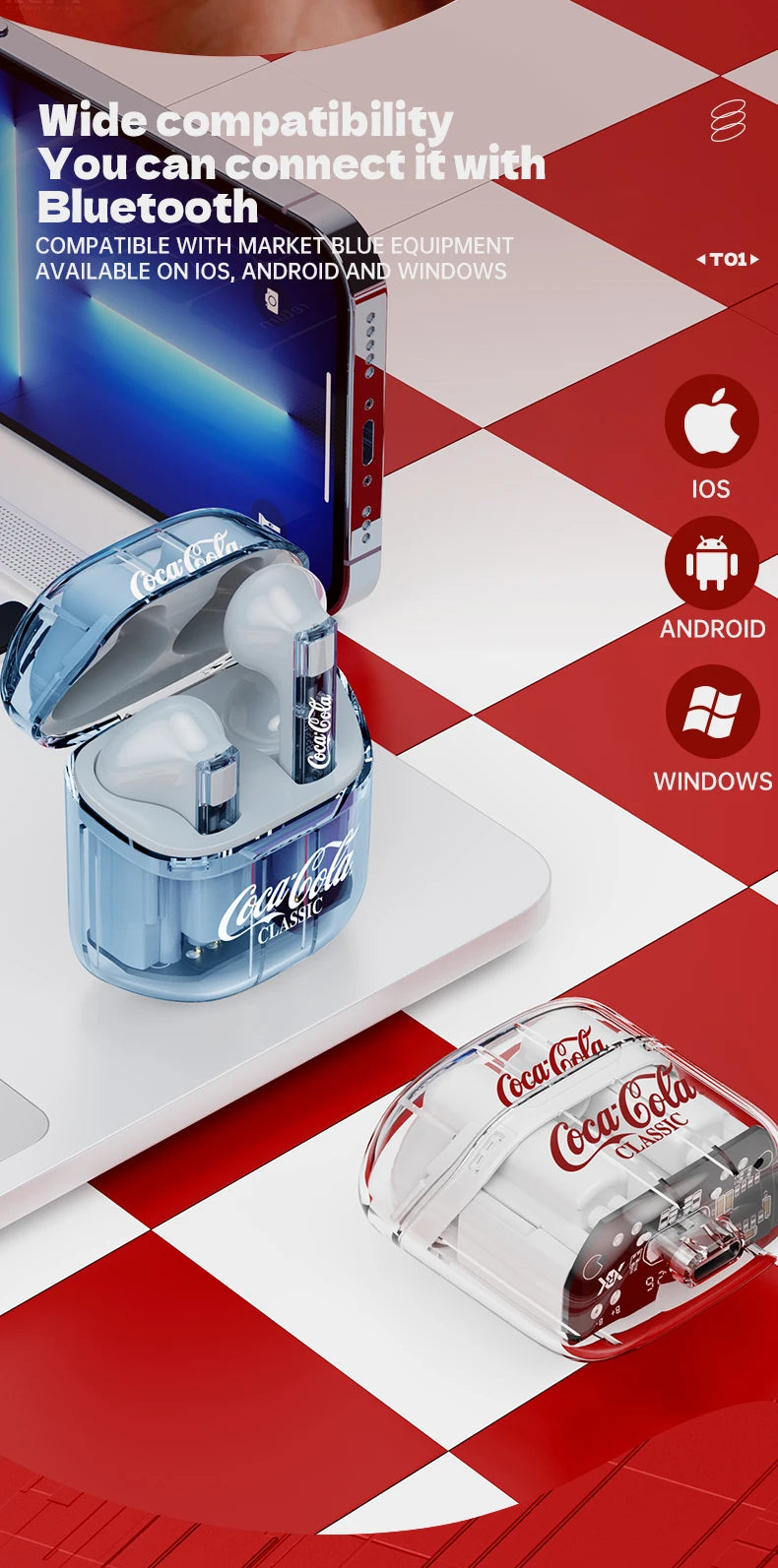 Écouteurs Sans Fil Coca-Cola TWS Bluetooth avec Micro – Imperméables et Réduction Active du Bruit pour iPhone et Xiaomi