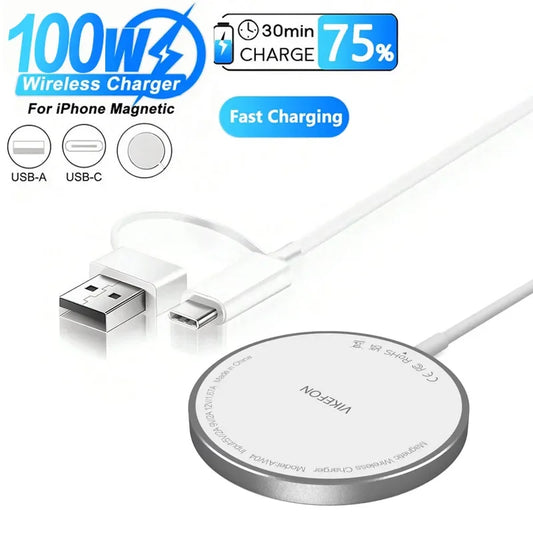 Chargeur Sans Fil Magnétique 100W VIKEFON USB + Type C pour Magsafe iPhone 16, 15, 14, 13, 12 Pro Max – Station de Charge Rapide